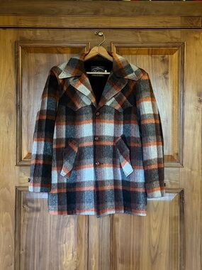Vintage Vagabond Plaid Lined Pea Coat in Orange, Brown & Cream